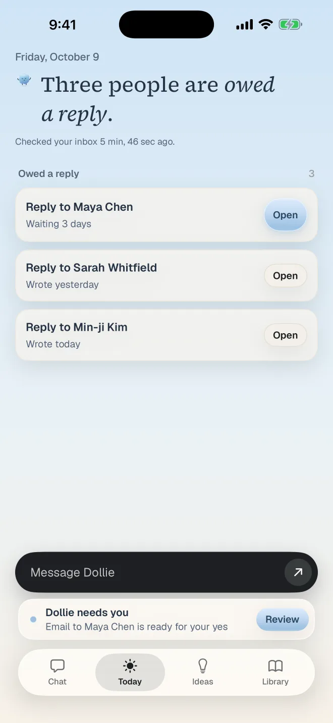Dollie's Today on iPhone: three people owed a reply, each with an Open button, and one email ready for your yes.